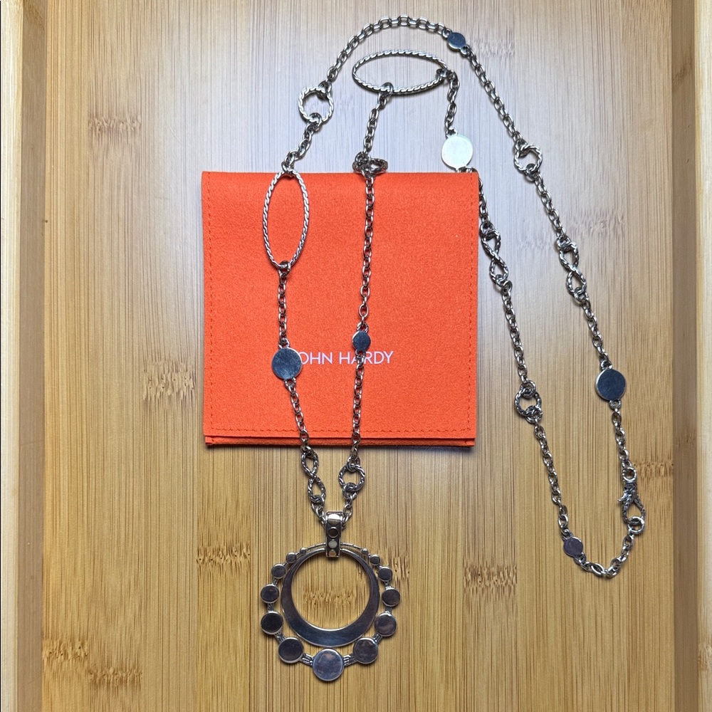 John Hardy Silver and 18k Gold Long Chain Necklace with Circular Pendant